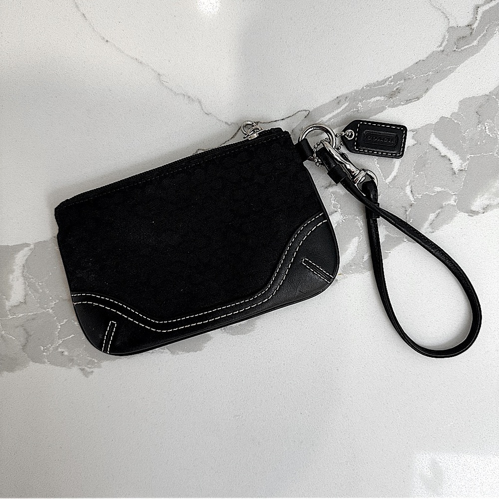 Coach Canvas Signature Micro Jacquard Black Leather Coin Purse Wristlet - Picture 2 of 6